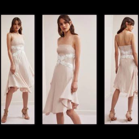 KEEPSAKE ALL MINE MIDI APPLIQUÉ FLORAL ASYMMETRICAL DRESS SHELL BLUSH NUDE SZ M - Picture 1 of 16